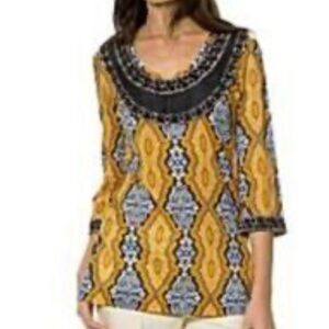 Tory Burch Yellow and Black Geometric Tunic with beading